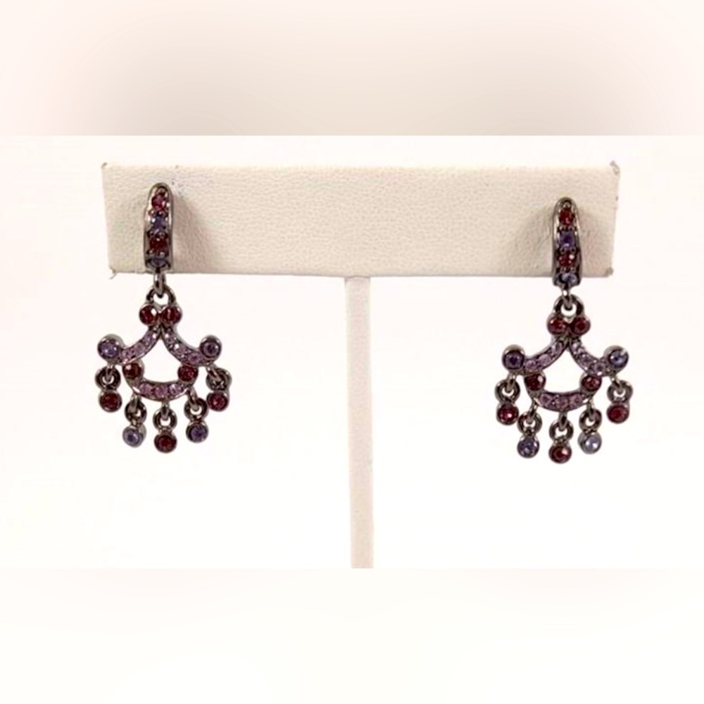 Vintage Joan Rivers Gunmetal Tone Pink & Purple Rhinestone Small Drop Earrings